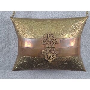 Vintage Brass Copper Mixed Metal Pillow Box Clutch Repousse Floral Filigree Bag